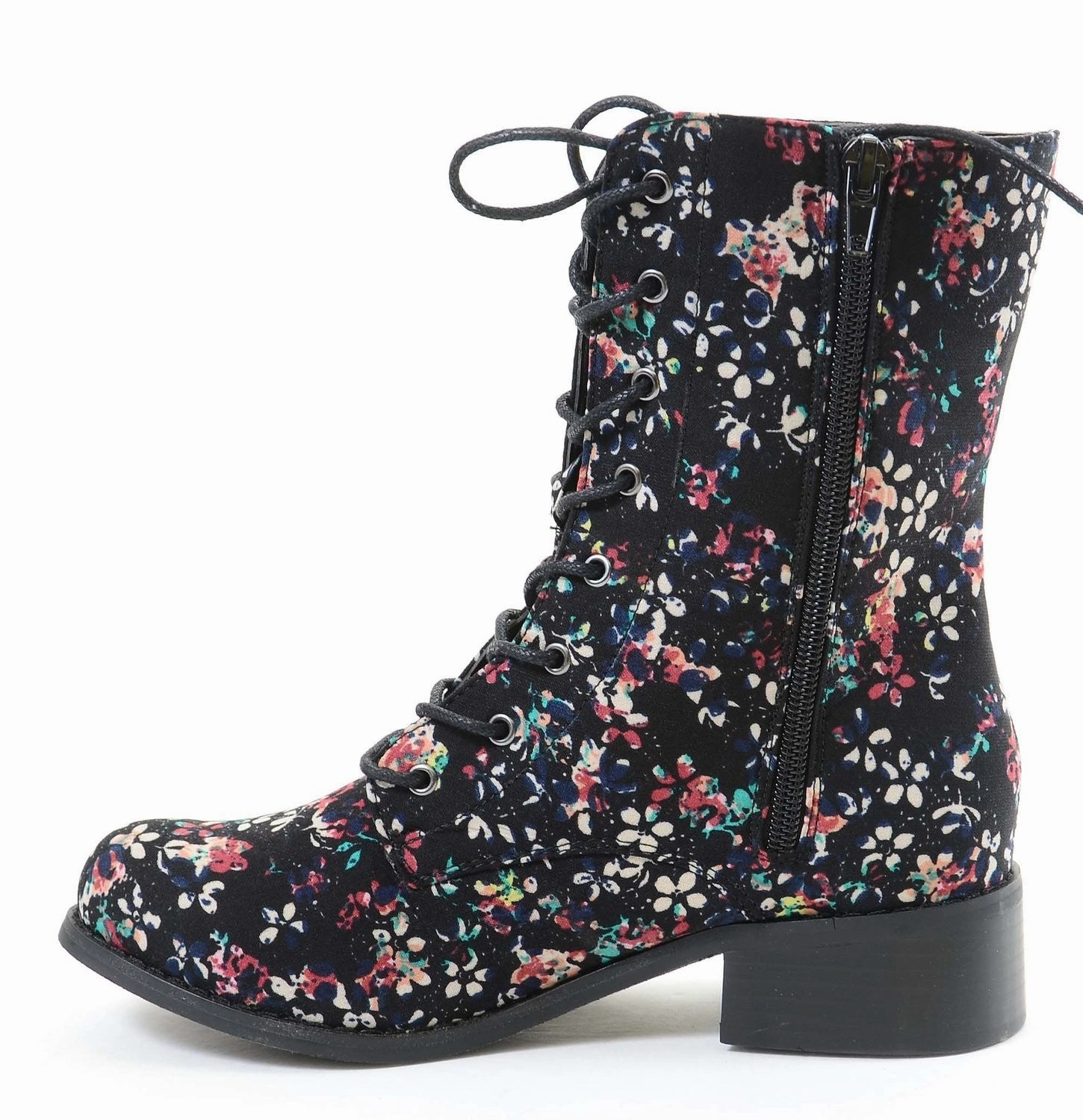 Victorian Floral Black Lace Up Mid-calf Vegan Boots Black Women's Low Heel Rain Boots