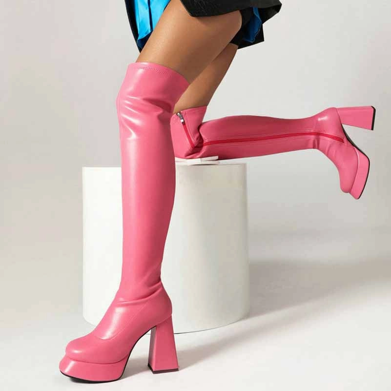 Women Chunky Heel Square Toe Boots Platform Over Knee Boots Bape X Adidas Shoes