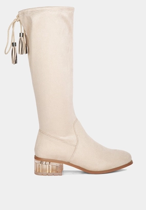 Brown Over-the-knee Boots Francesca Tassels Detail Short Heel Calf Boot
