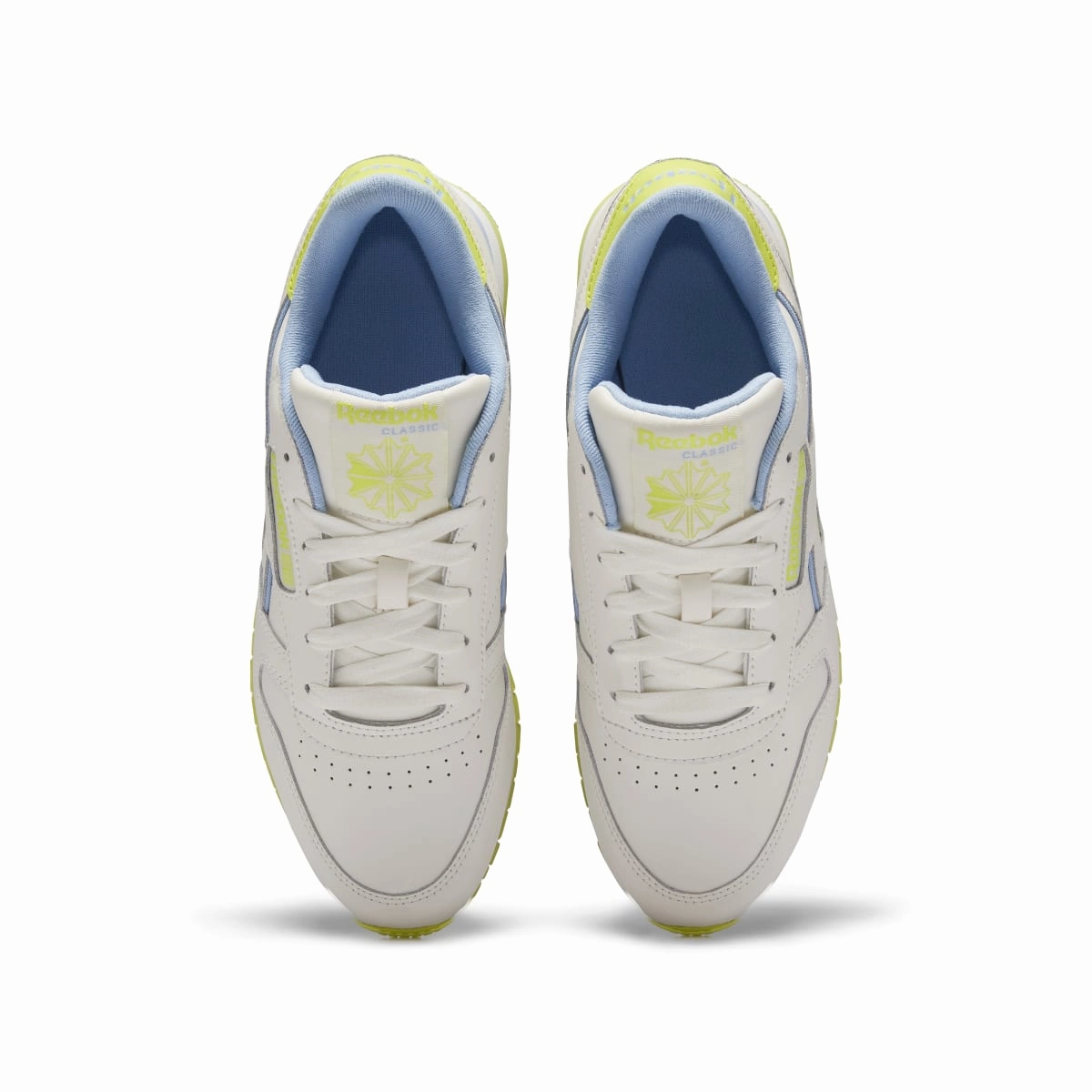 REEBOK EF3277 CL LTHR WMN'S (Medium) Chalk/Blue/Yellow Leather Lifestyle Shoes running with a headband road shoes