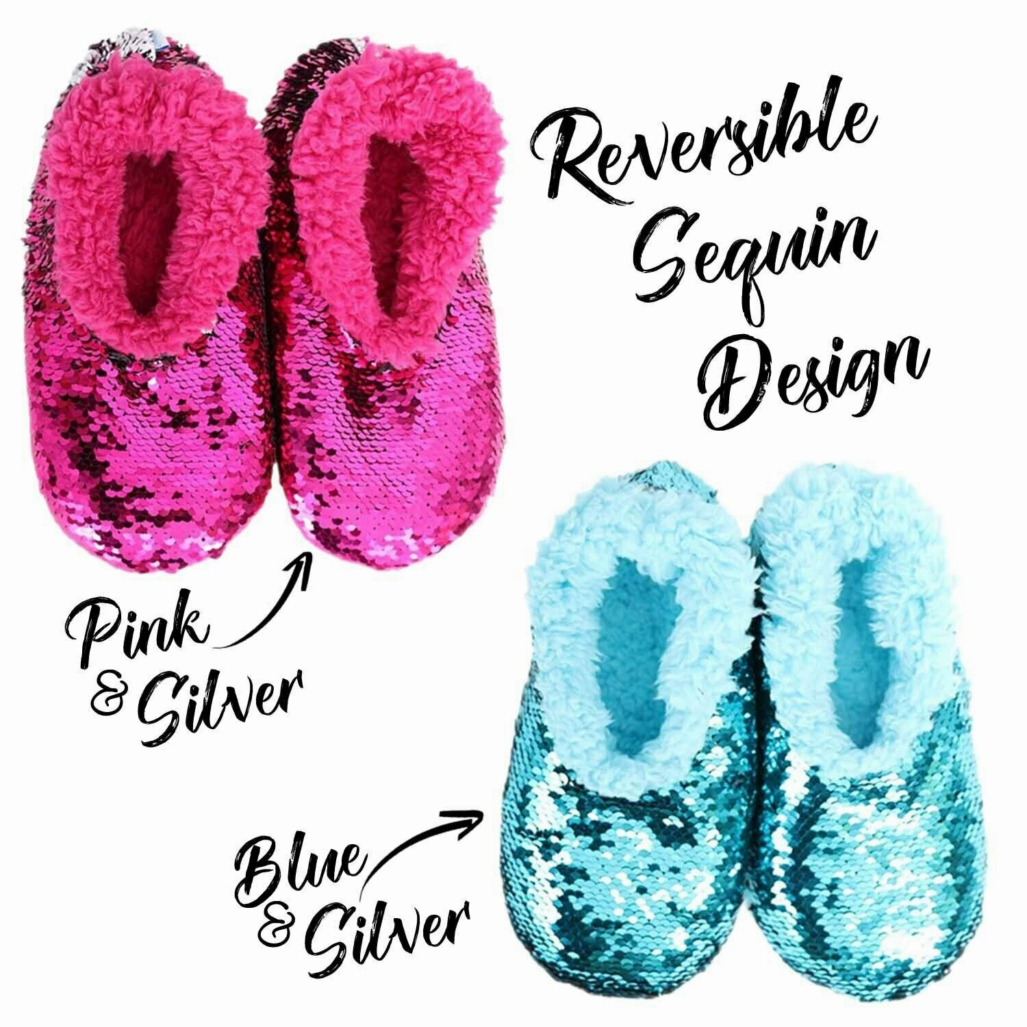 Slumbies Reversible Sequin Non-Slip Slippers/Socks - Turquoise Fliffy Slippers