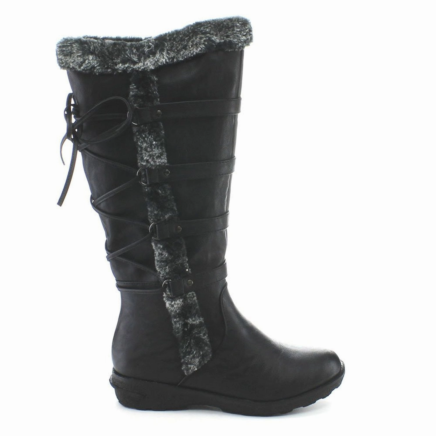 Fur Trim Back Lace Up Knee High Boots Winter Boots Womens Rain Rubber Boots