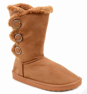 Twisted Rain Boots Furry Button Flat Black Tan or Brown Vegan Suede Women's Warm Slipper Boots