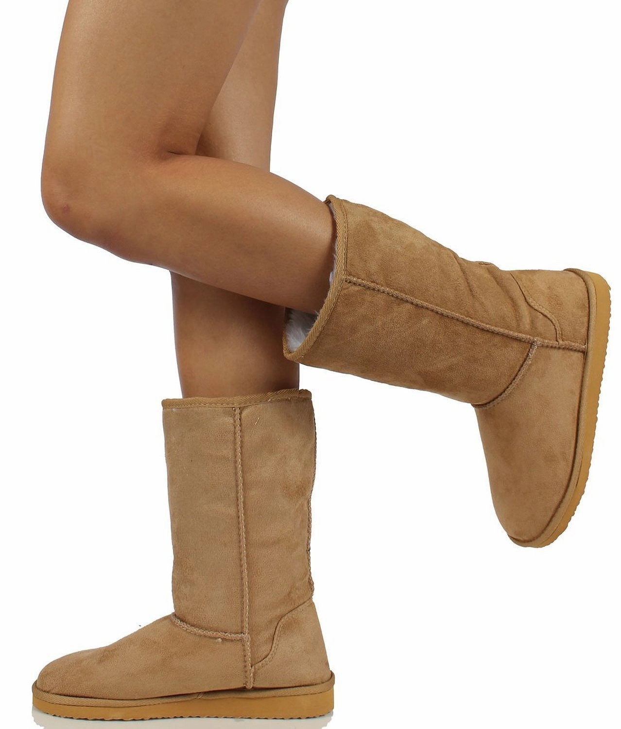 Waterproof Rain Boot Shoe Covers Furry Faux Shearling Vegan Fleece Womens Flat Boot Beige