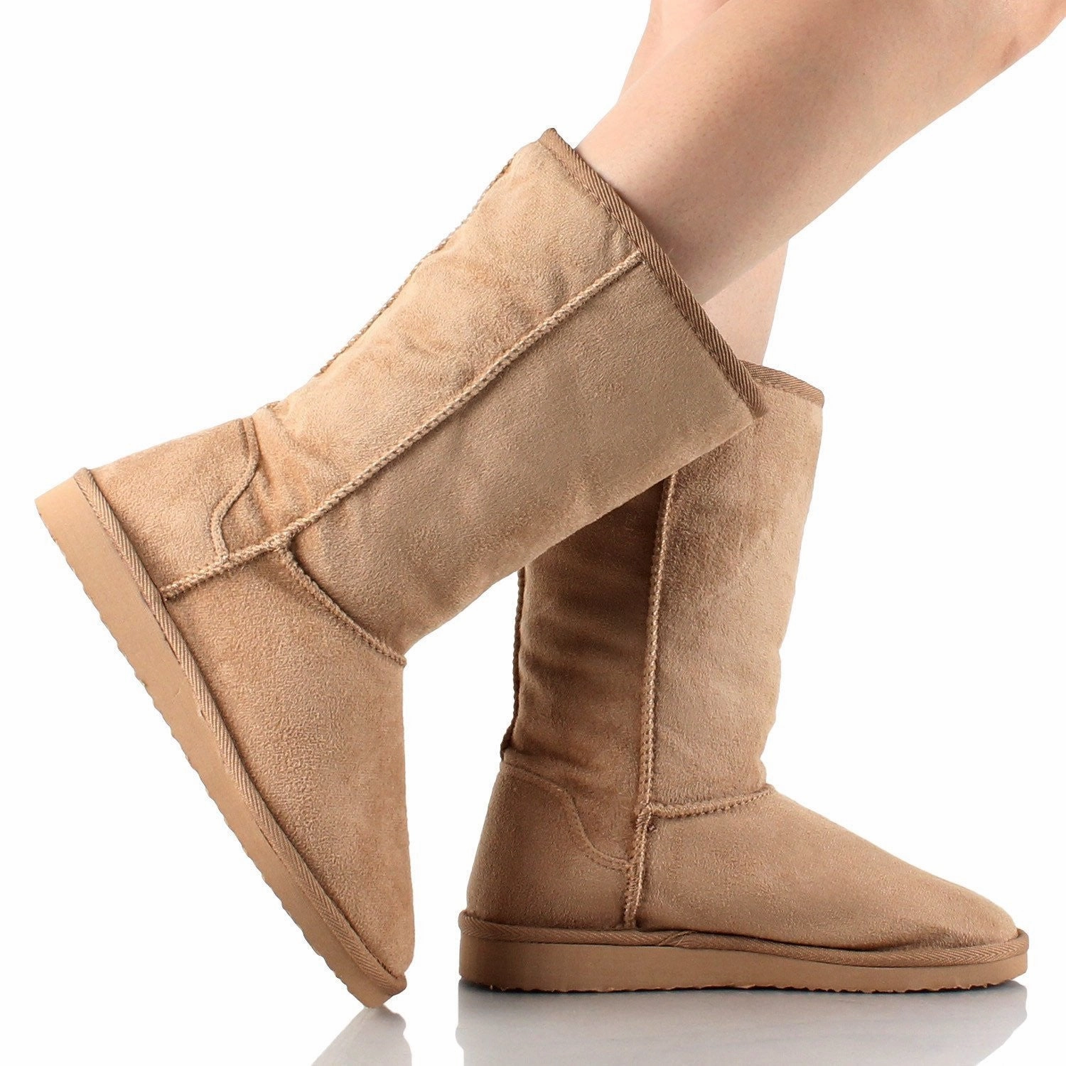 Furry Faux Shearling Vegan Fleece Womens Flat Boot Beige Best Rain Boots For Narrow Feet