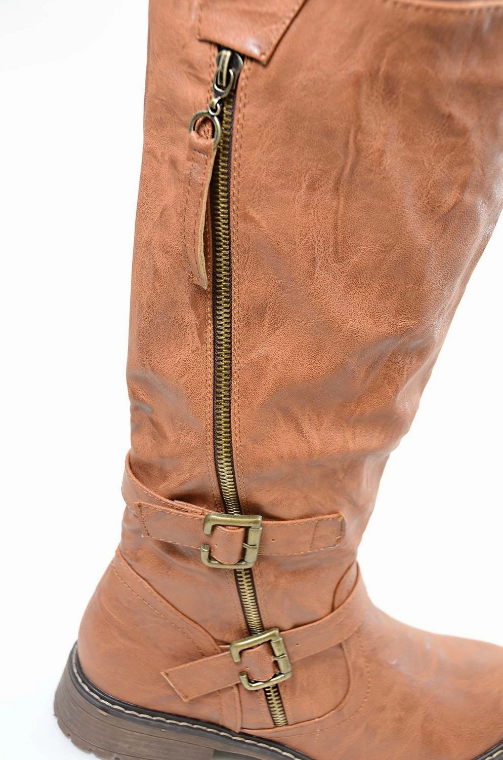 Tan Riding Double Ankle Strap Knee-high Women's Vegan Biker Boots Nora Madison Rain Boots