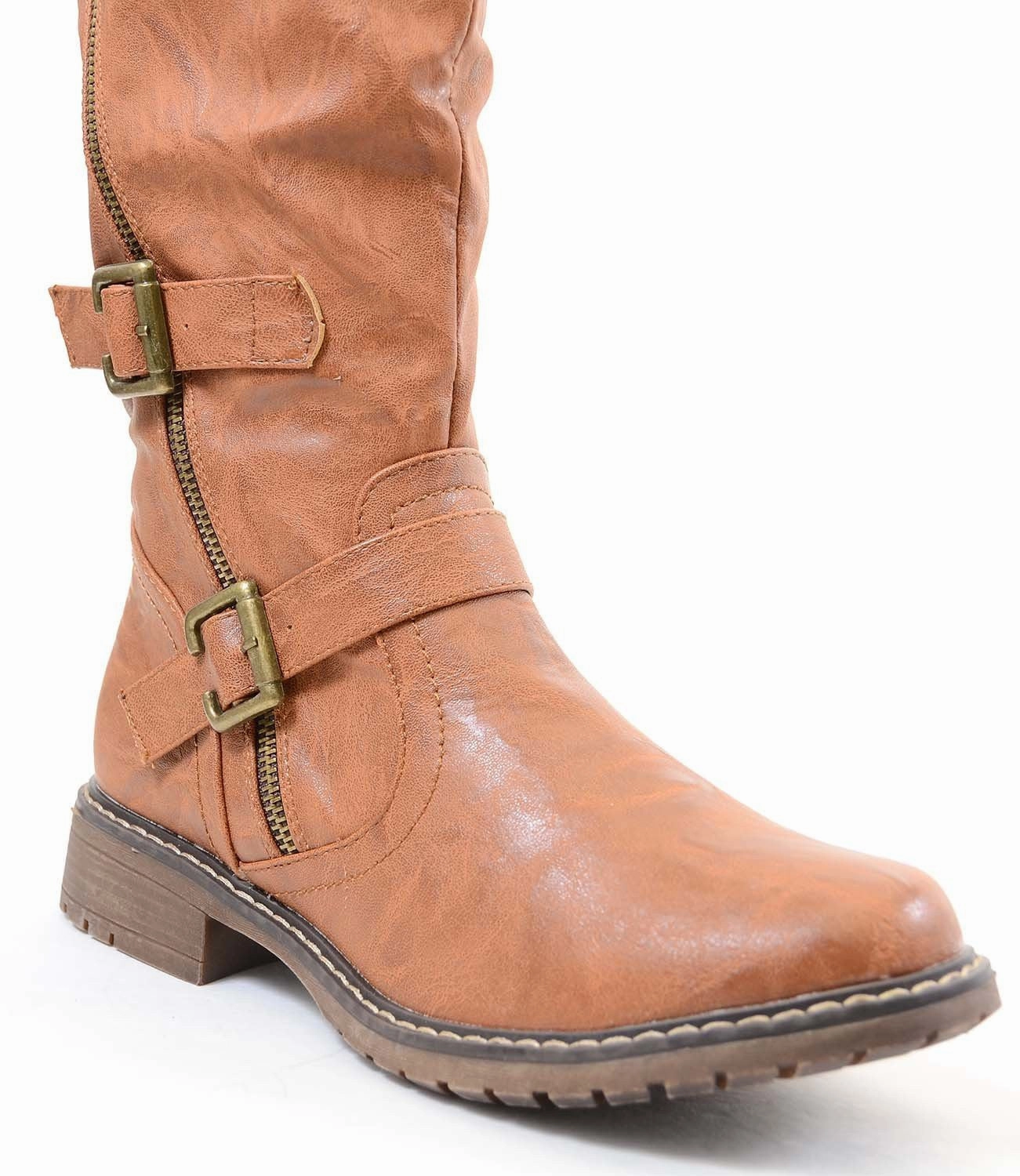 Tan Riding Double Ankle Strap Knee-high Women's Vegan Biker Boots Hunter Rain Boots Wide Width