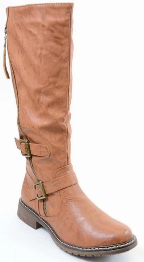 Tan Riding Double Ankle Strap Knee-high Women's Vegan Biker Boots Italian Rain Boots
