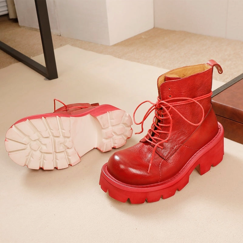 Glazier Steel Toe Work Boots Genuine Leather Vintage Lace-Up Platform Martin Ankle Boots for Women in Red/Gray