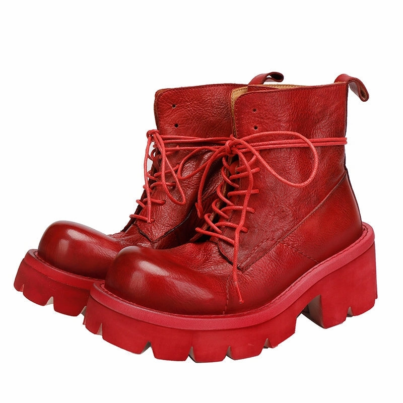 Soft Work Boots Genuine Leather Vintage Lace-Up Platform Martin Ankle Boots for Women in Red/Gray