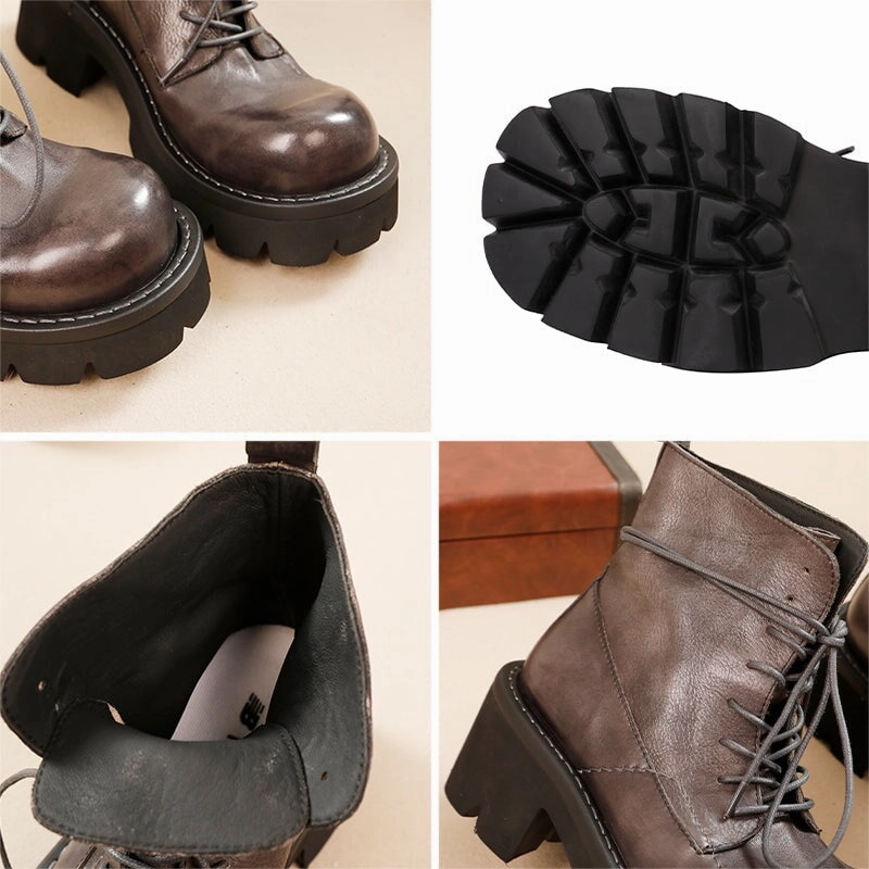 Work Boots High Top Industrial Shoe Genuine Leather Vintage Lace-Up Platform Martin Ankle Boots for Women in Red/Gray