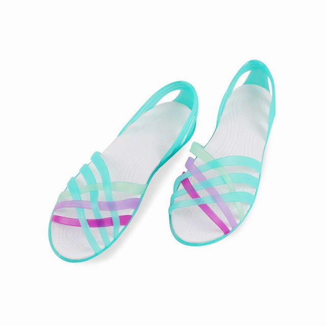 MCCKLE Women Jelly Shoes Rainbow Summer Sandals Female Flat Shoes Ladies Slip On Woman Candy Color Peep Toe Women's Beach Shoes Athletic Flat Shoes