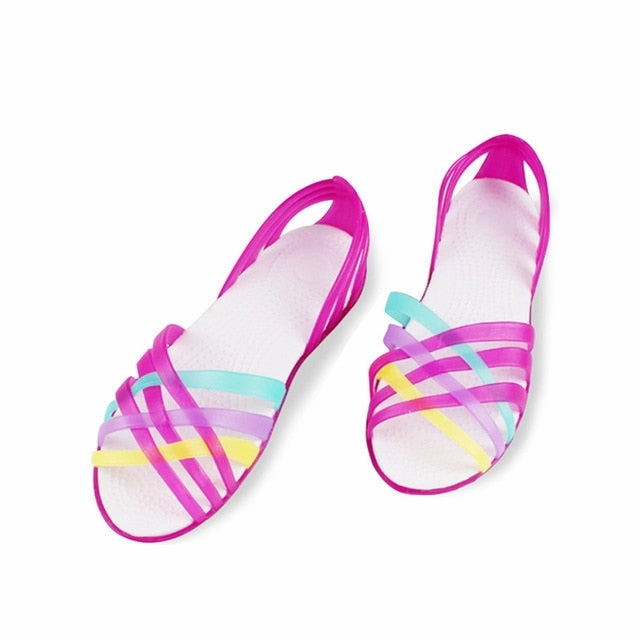 Flat Bottom Athletic Shoes MCCKLE Women Jelly Shoes Rainbow Summer Sandals Female Flat Shoes Ladies Slip On Woman Candy Color Peep Toe Women's Beach Shoes