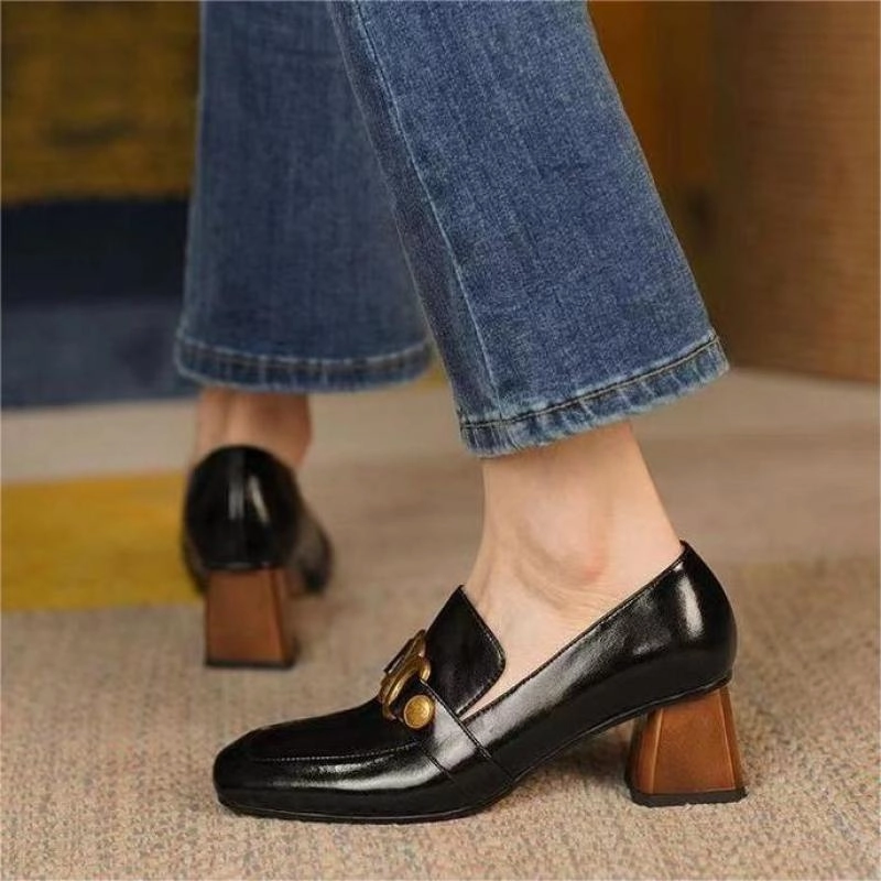 Zerøgrand Remastered Penny Loafers Graduation Gift Retro Women Heeled Shoes Spring Leather Chunky Square Toe Metal Decorative Office Lady Loafers British Style Brown Female Shoes