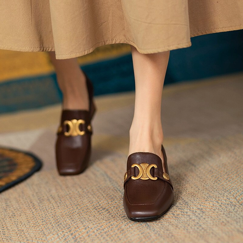 Leather Loafers With Buckle Graduation Gift Retro Women Heeled Shoes Spring Leather Chunky Square Toe Metal Decorative Office Lady Loafers British Style Brown Female Shoes
