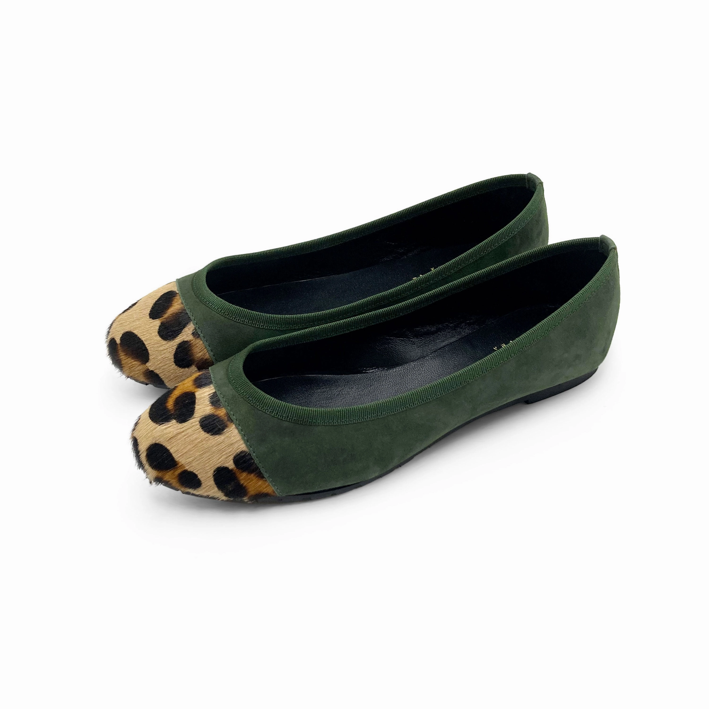 Pom Pom Shoes Flats Green suede ballet flats with animal print toe