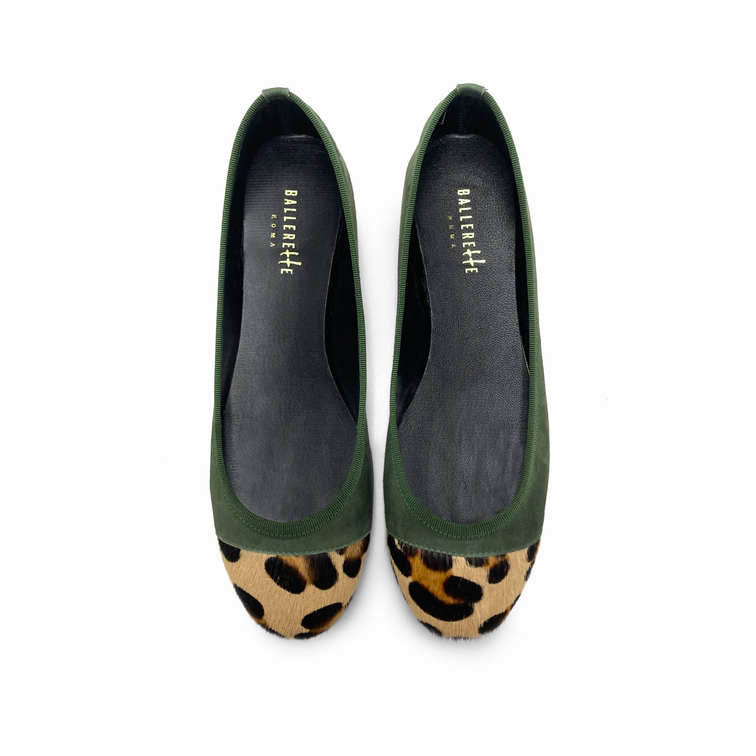 Green suede ballet flats with animal print toe Long Dress Flat Shoes