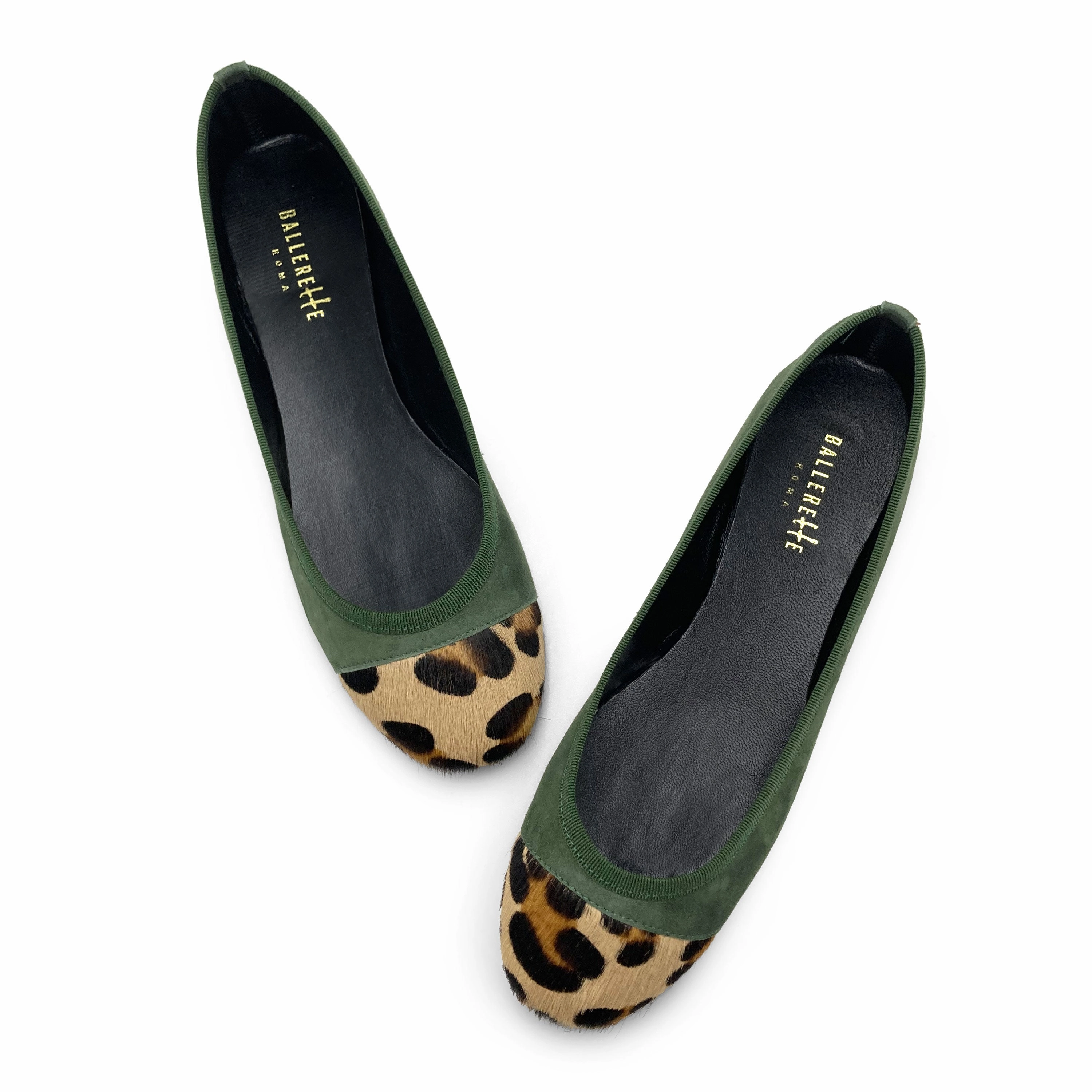 Cute Flat Shoes Green suede ballet flats with animal print toe