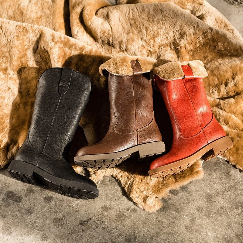 Western Cowboy Boots Handmade Leather Mid Calf Snow Boots Shearling Lined in Red/Black/Coffee Best Snow Work Boots