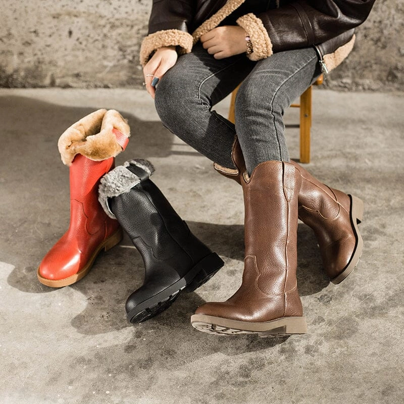 Best Snow Boots With Traction Western Cowboy Boots Handmade Leather Mid Calf Snow Boots Shearling Lined in Red/Black/Coffee