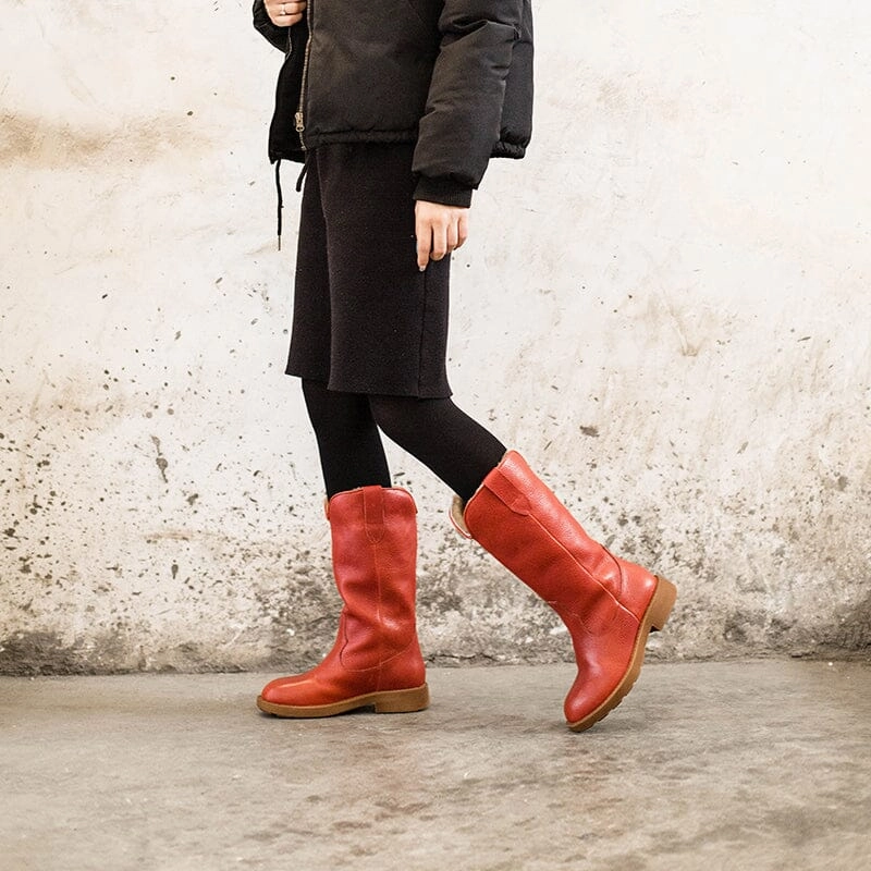 Western Cowboy Boots Handmade Leather Mid Calf Snow Boots Shearling Lined in Red/Black/Coffee Tall Snow Boots With Fur