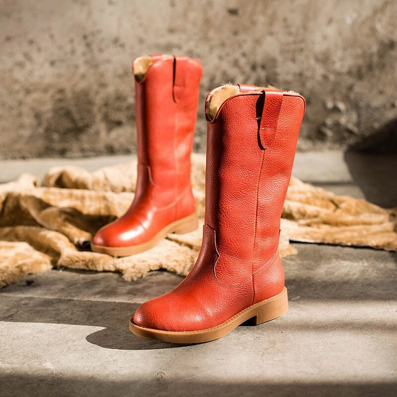 Kenneth Cole Snow Boots Western Cowboy Boots Handmade Leather Mid Calf Snow Boots Shearling Lined in Red/Black/Coffee