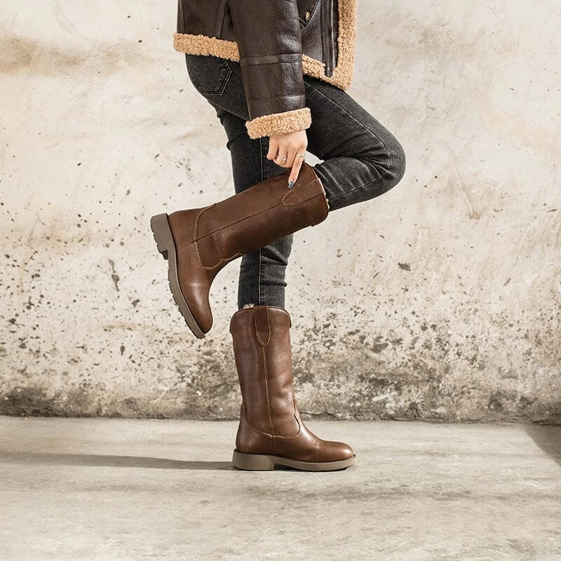 Snow Boots With Buckles Western Cowboy Boots Handmade Leather Mid Calf Snow Boots Shearling Lined in Red/Black/Coffee