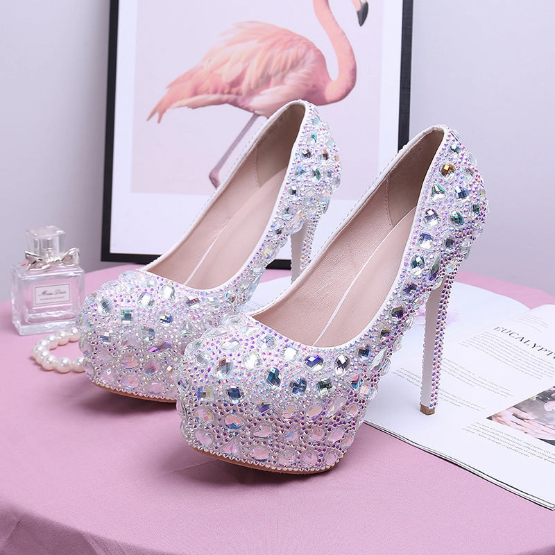 Cute Dress Shoes New style flash diamond foreign trade fashionable shallow mouth waterproof platform large and small fashion banquet wedding shoes