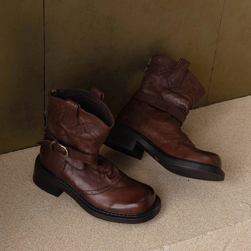 Cheetah Snow Boots Handmade Retro Cowhide Leather Brogue Short Boots with Back Zip and Belt Buckle Black/Brown