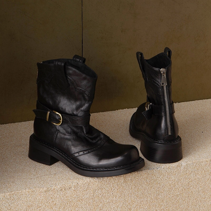 Toddler.snow Boots Handmade Retro Cowhide Leather Brogue Short Boots with Back Zip and Belt Buckle Black/Brown