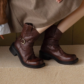 Handmade Retro Cowhide Leather Brogue Short Boots with Back Zip and Belt Buckle Black/Brown Size 13 Wide Snow Boots