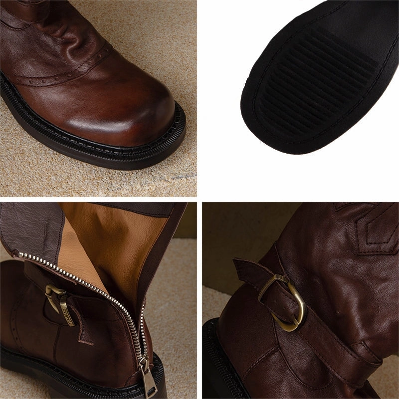 Gap Snow Boots Handmade Retro Cowhide Leather Brogue Short Boots with Back Zip and Belt Buckle Black/Brown