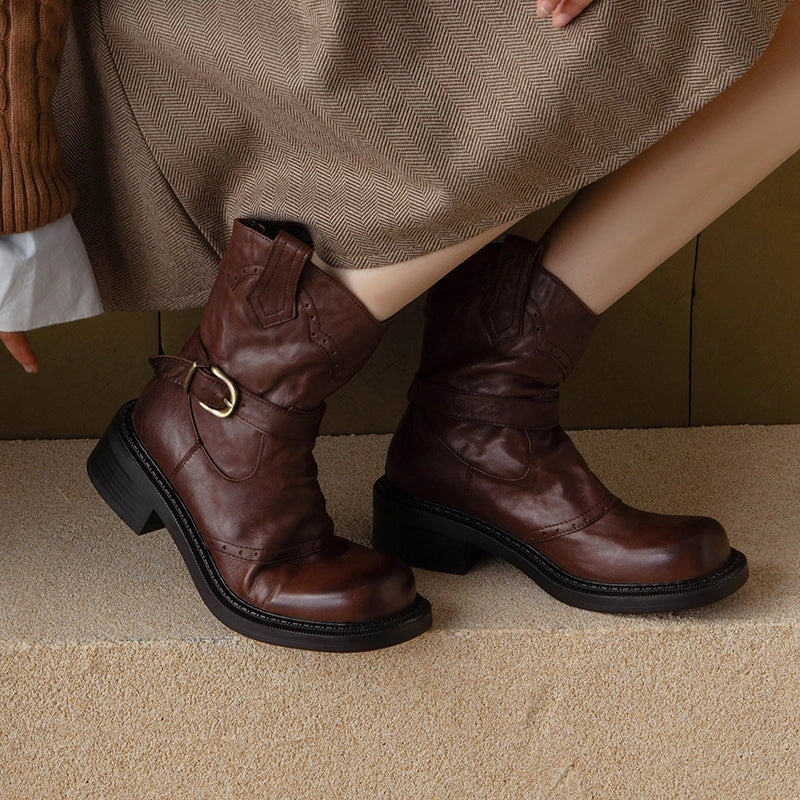 Banff Snow Boots Handmade Retro Cowhide Leather Brogue Short Boots with Back Zip and Belt Buckle Black/Brown