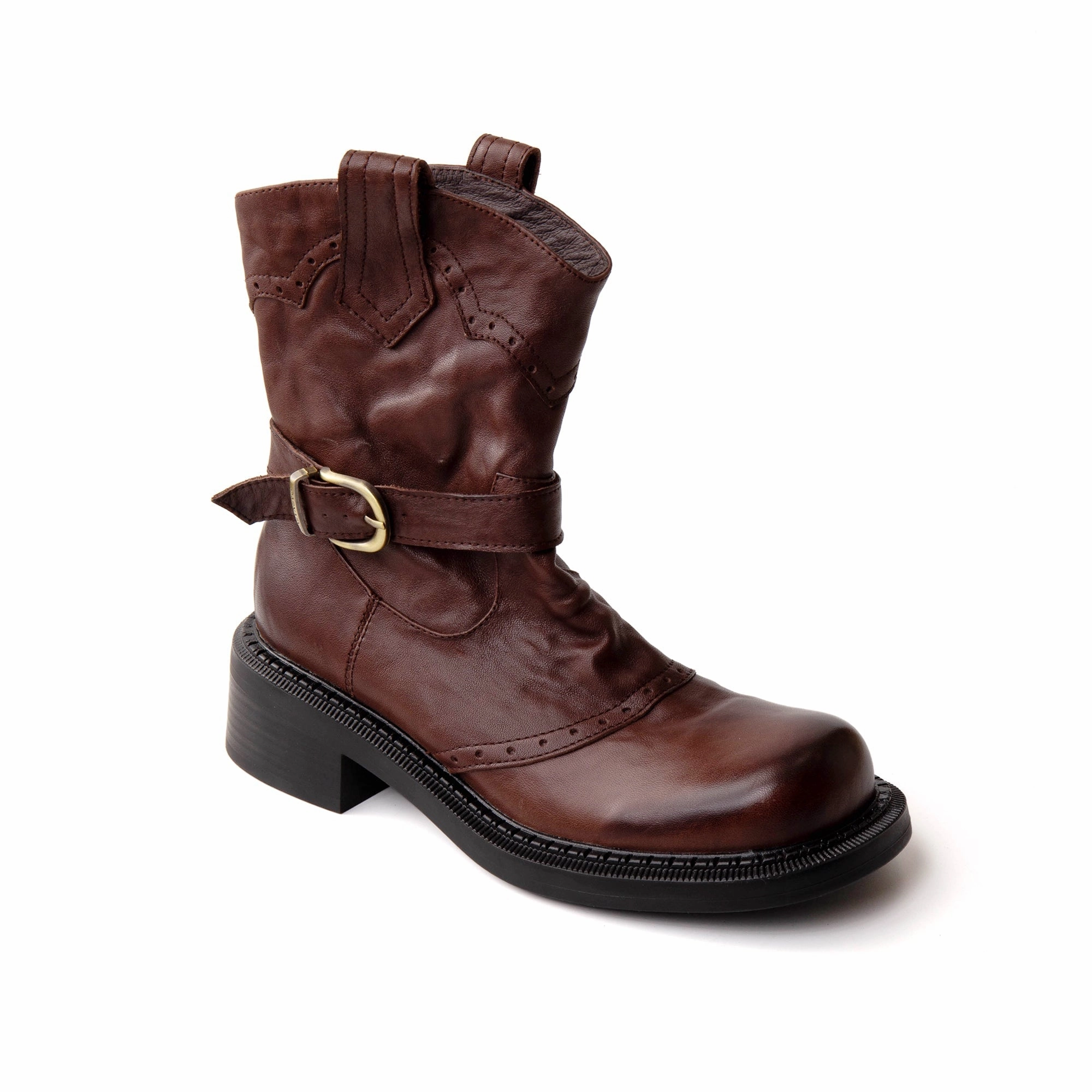 Jacquemus Snow Boots Handmade Retro Cowhide Leather Brogue Short Boots with Back Zip and Belt Buckle Black/Brown