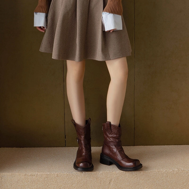 Handmade Retro Cowhide Leather Brogue Short Boots with Back Zip and Belt Buckle Black/Brown Zip Snow Boots