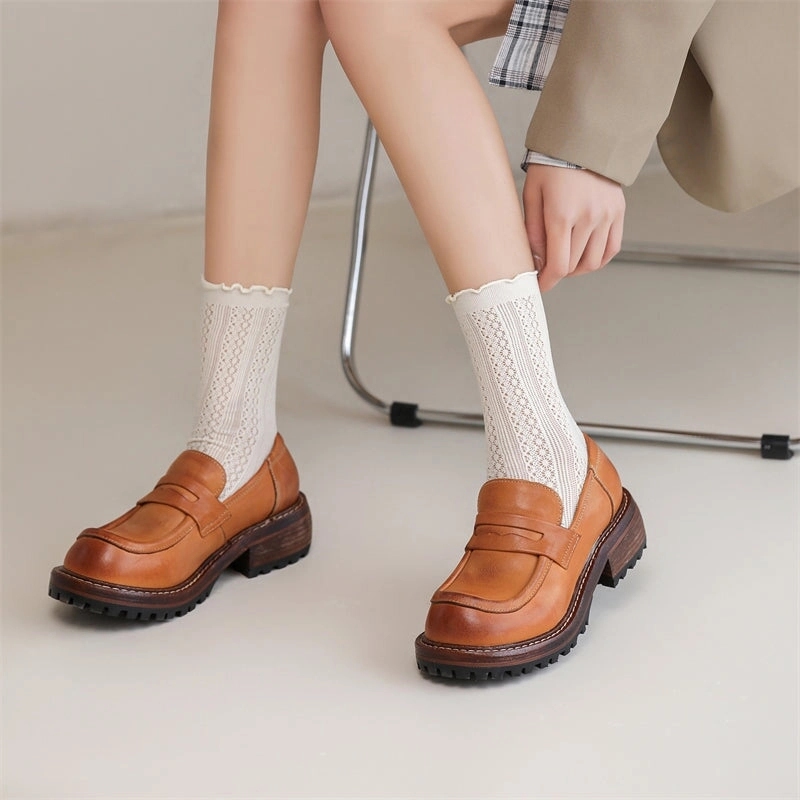 Weave Loafers Handmade Womens Genuine Leather Penny Loafers Coffee/Brown