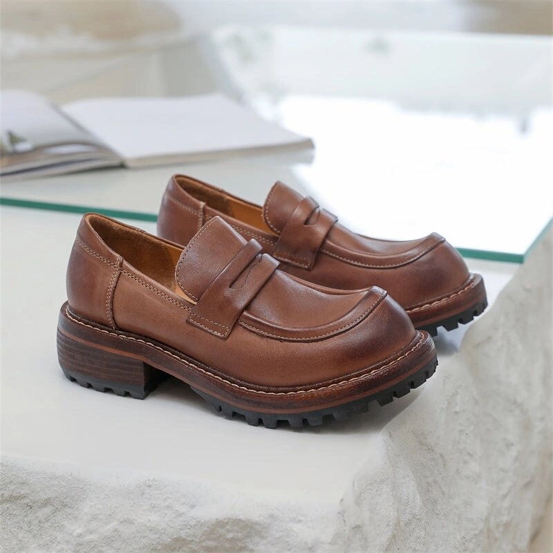 Penny Loafers 50s Handmade Womens Genuine Leather Penny Loafers Coffee/Brown