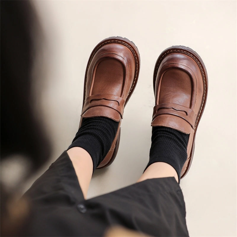 Yacht Loafers Handmade Womens Genuine Leather Penny Loafers Coffee/Brown