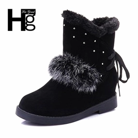 Winter Snow Boots Extra Wide HEE GRAND Fashion Model Women Winter Crystal Ankel Boots Black Boot Faux Fur Shoes Young Ladies Plush Heel Snow Boots XWX6424