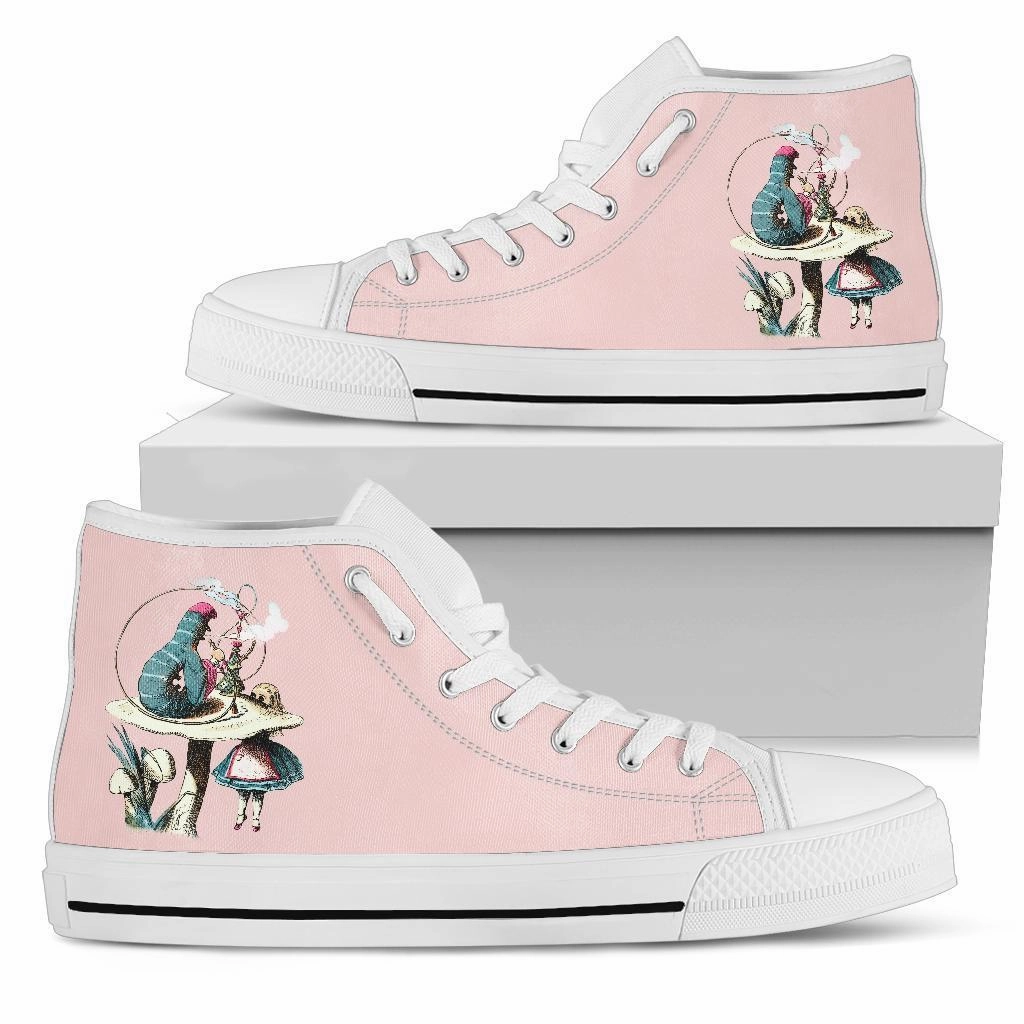 Shoes To Wear With Cocktail Dress High Top Sneakers - Alice in Wonderland Gifts #41 White/Pink | Birthday Gifts, Gift Idea, Custom Sneakers Women, Custom Women's Sneakers