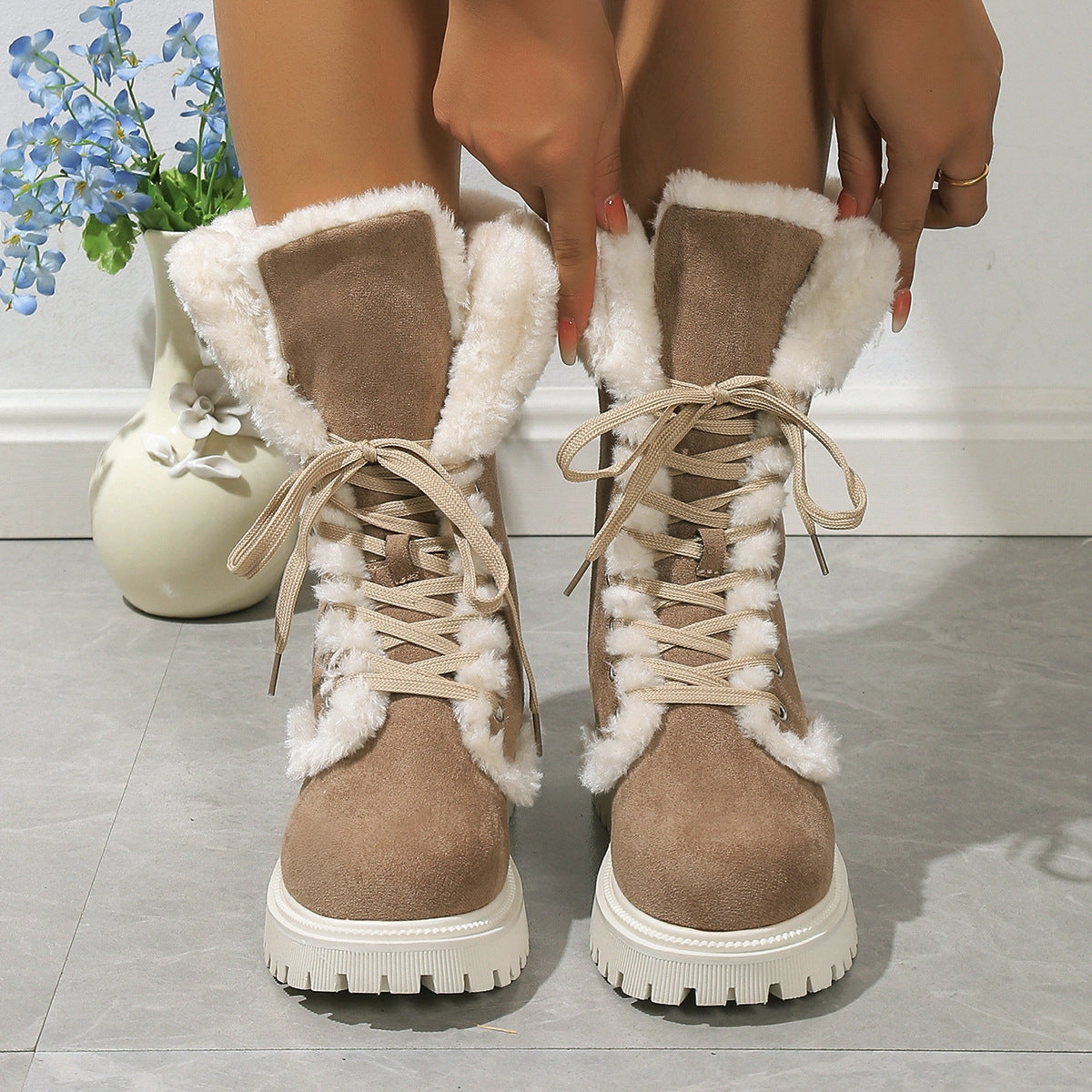Winter Lace-up Snow Boots For Women Mid-tube Fleece Shoes Warm Chunky Heels Plush Boot Baffin Snow Boots