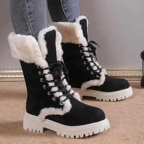 Winter Lace-up Snow Boots For Women Mid-tube Fleece Shoes Warm Chunky Heels Plush Boot Mammut Snow Boots
