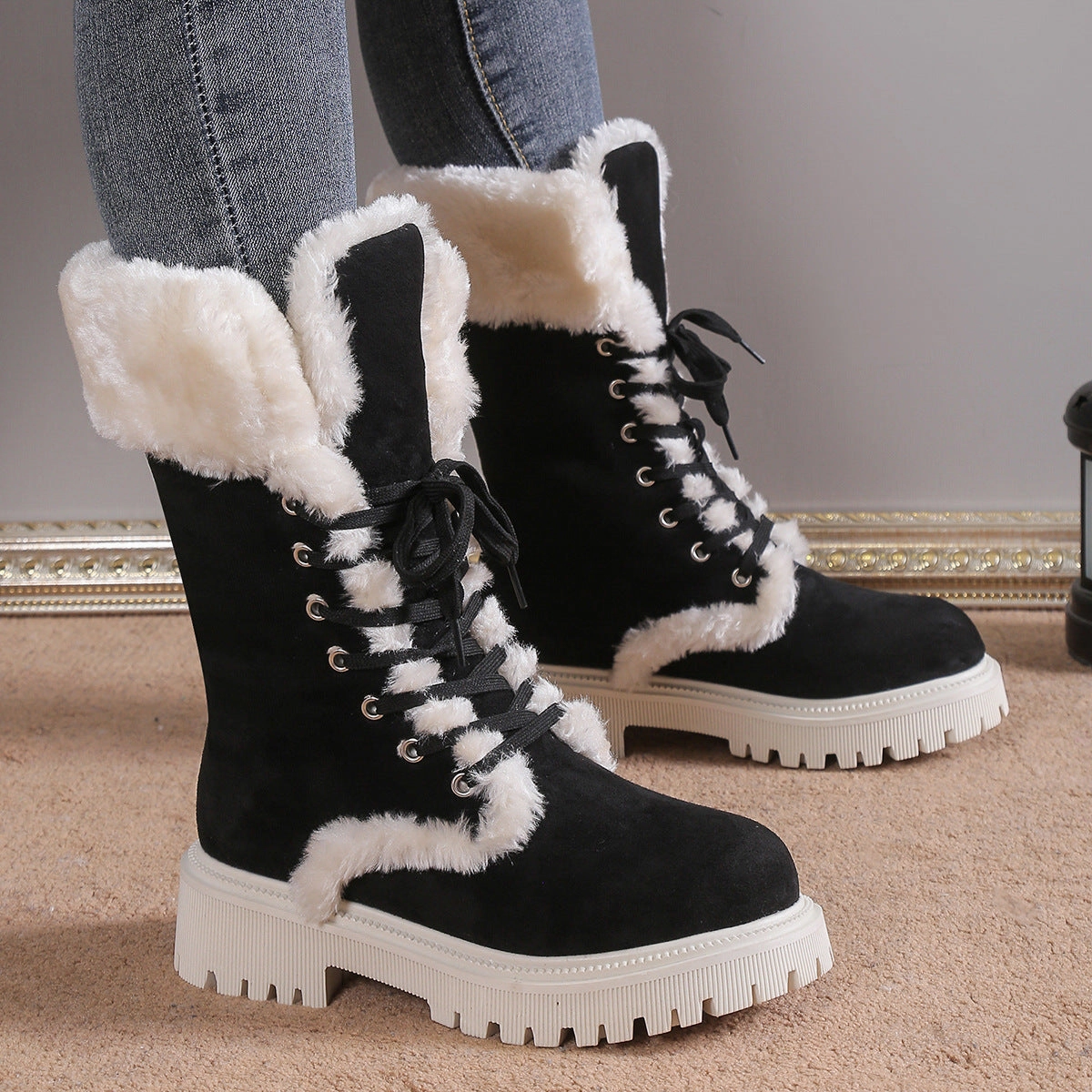 Children's Snow Boots Size 8 Winter Lace-up Snow Boots For Women Mid-tube Fleece Shoes Warm Chunky Heels Plush Boot