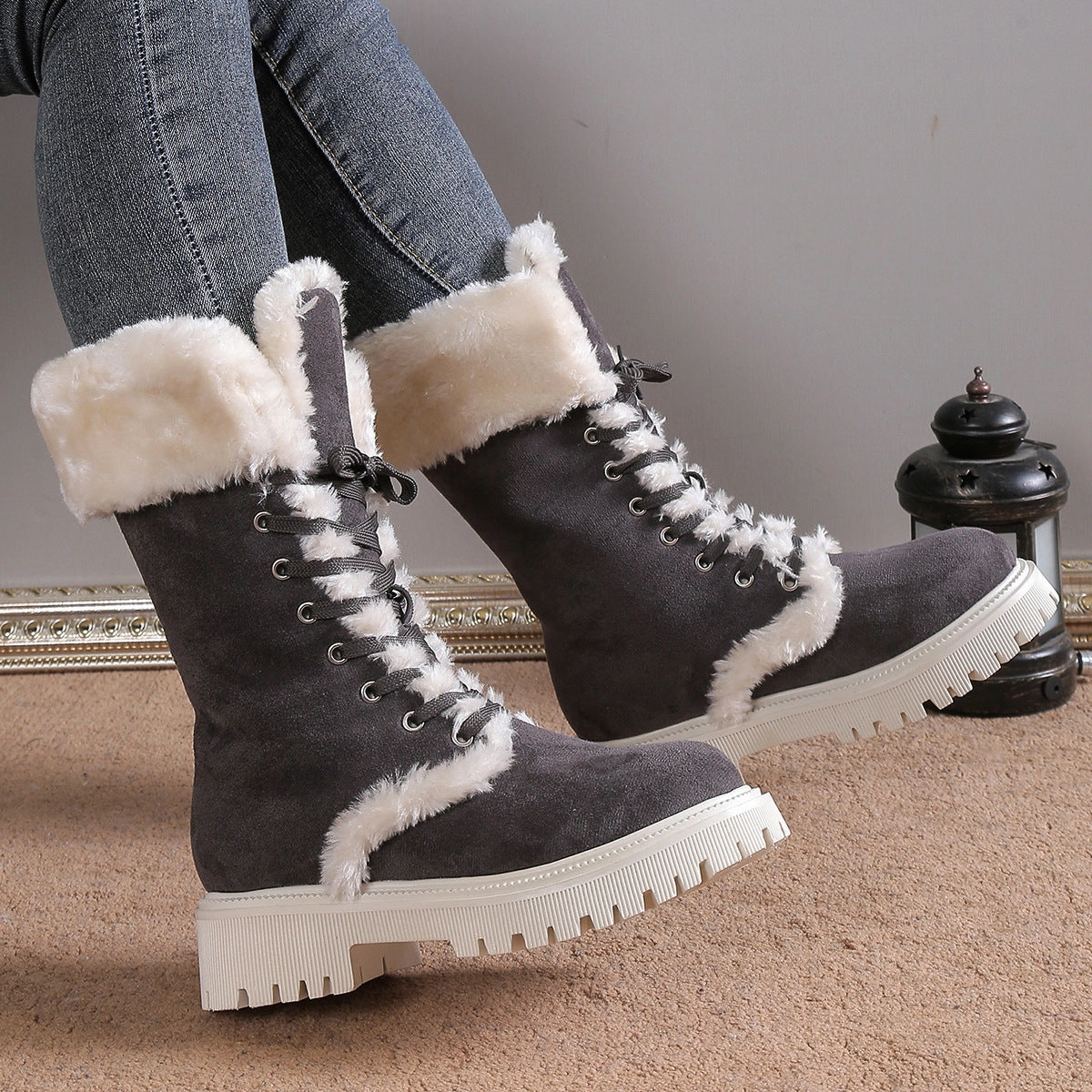 Every Day Snow Boots Winter Lace-up Snow Boots For Women Mid-tube Fleece Shoes Warm Chunky Heels Plush Boot