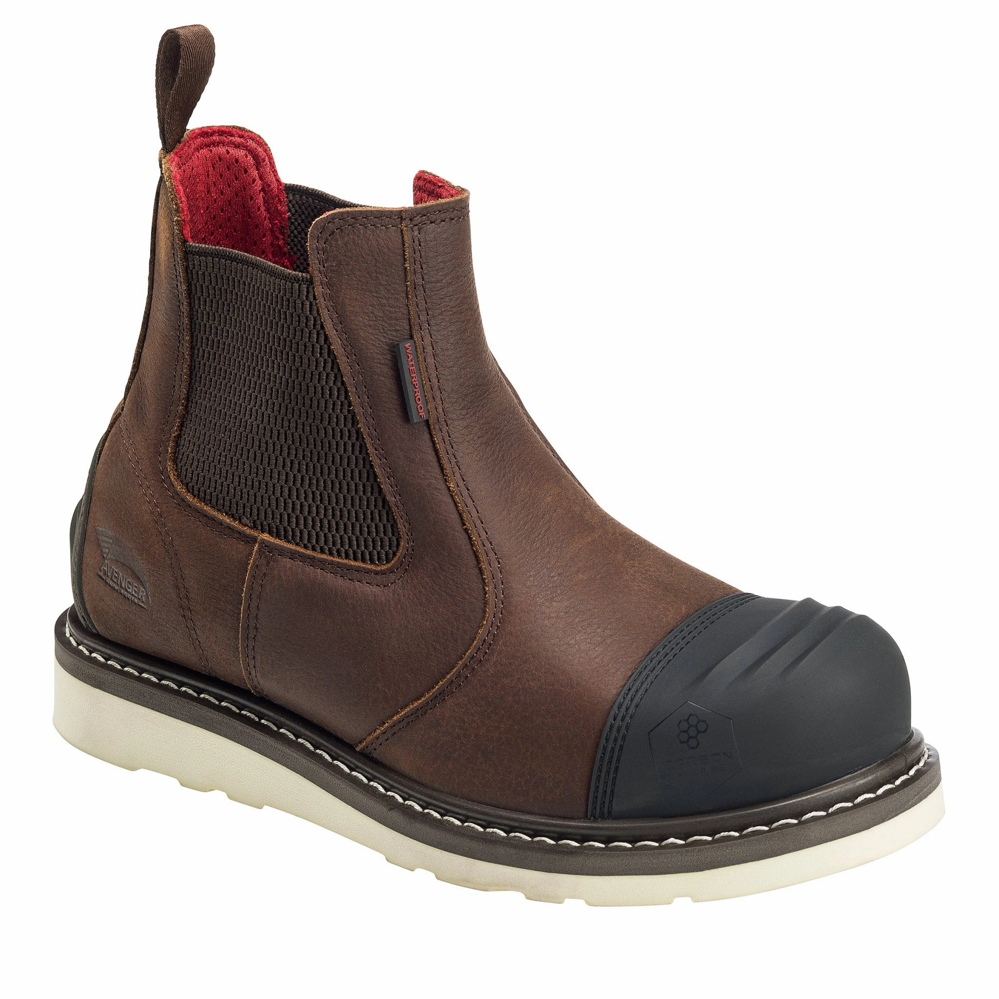 Work Boots With Zipper On The Side Avenger Men's 6" Brown Carbon Toe EH Waterproof Wedge Chelsea Work Boot