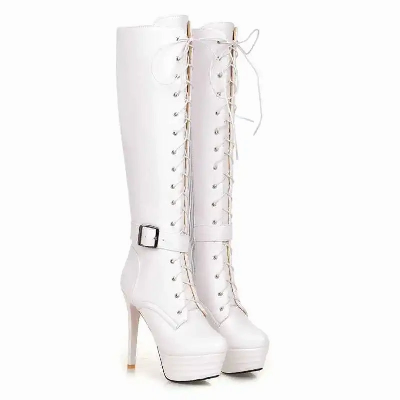 Dawn Lace Up Knee High Platform High Heel Boots Adidas Lace Shoes