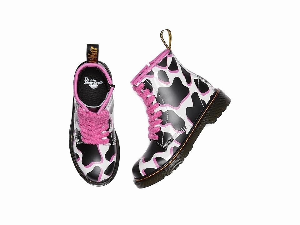 Fall Ankle Boots Dr. Martens 1460 Kids Black White Pink Cow Print Patent Lamper Boots JOBB025
