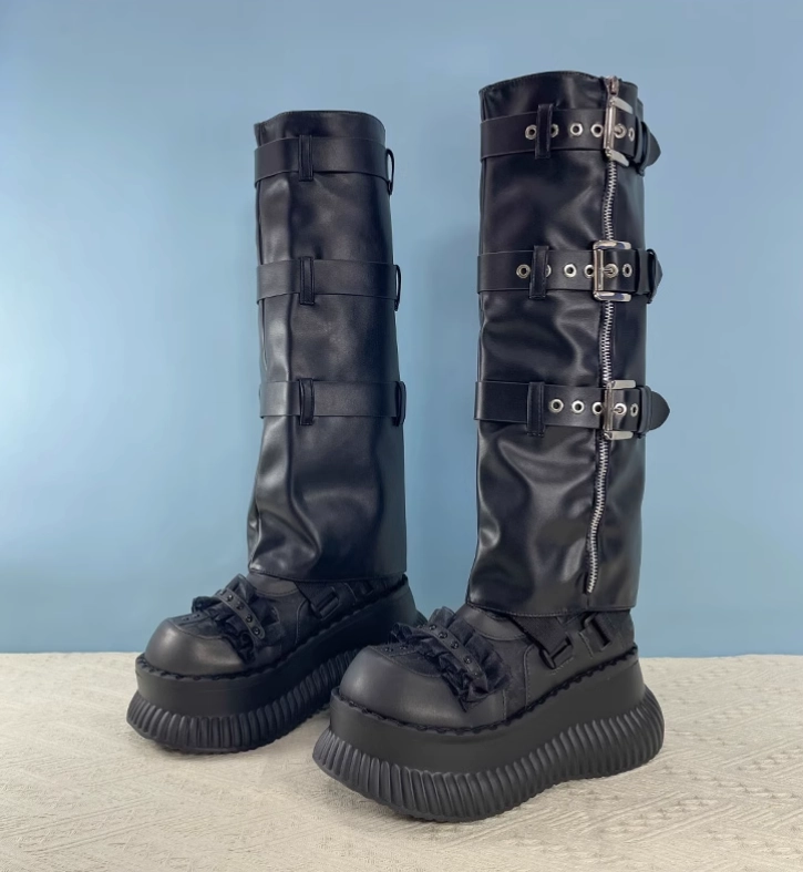JIALINNA PUNKY STYLE WIDE-CALF KNEE-HIGH CHUNKY SOLE BOOTS Thigh Length Leather Boots