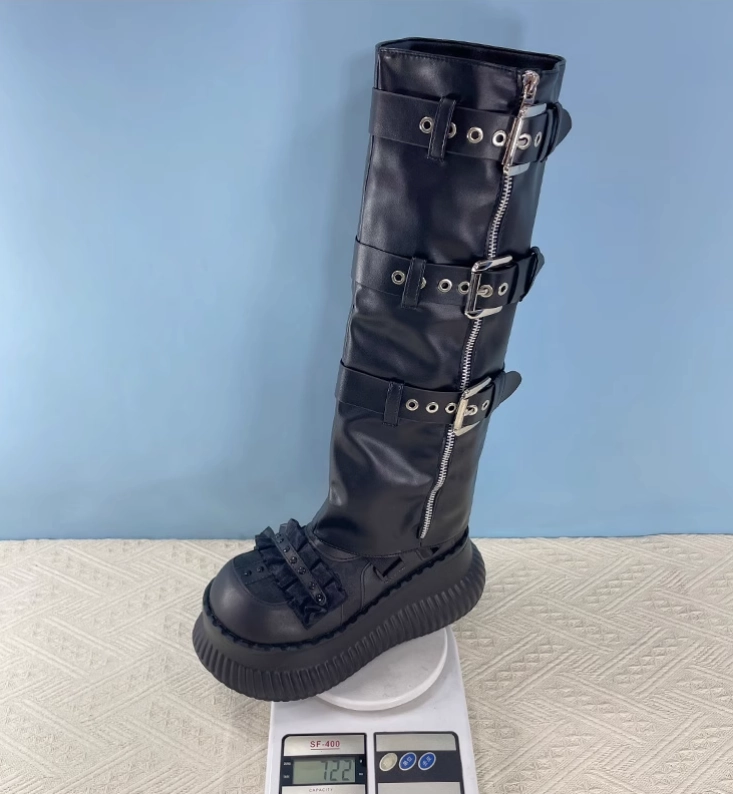 JIALINNA PUNKY STYLE WIDE-CALF KNEE-HIGH CHUNKY SOLE BOOTS Pat Boots