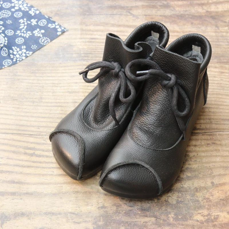 Flat Dress Shoes For Wedding JOHNATURE - Original Ankle Boots For Women Shoes Genuine Leather Lace-up Women Boots 2022 New Round Toe Flat With Sewing Ladies Shoes